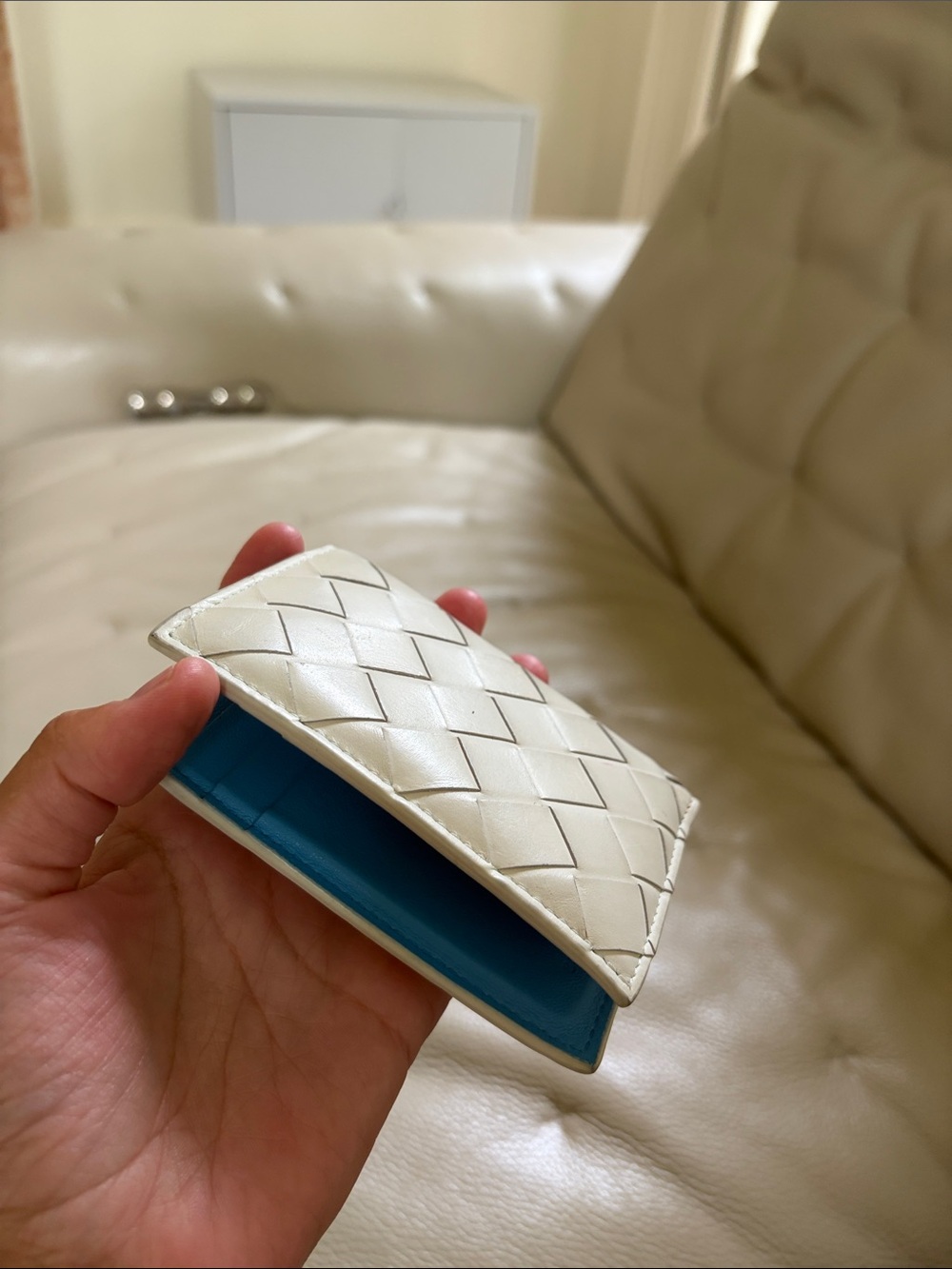 Bottega Veneta bifold intrecciato wallet in white & blue